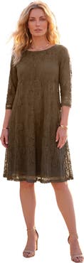 Roaman's Plus Size 3/4 Sleeve Boatneck Lace Swing Dress
