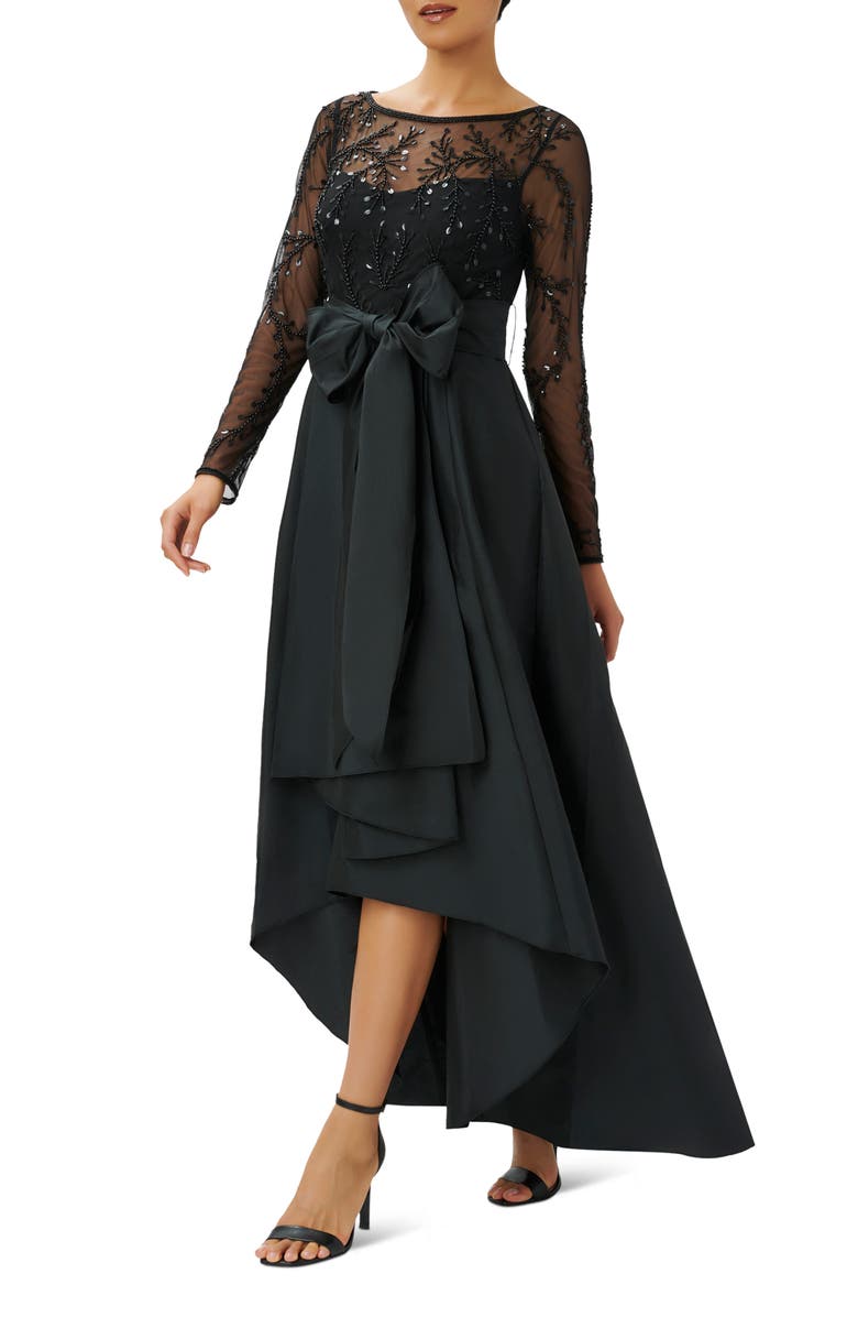 Adrianna Papell Beaded Bodice Long Sleeve Taffeta Gown, Main, color, 