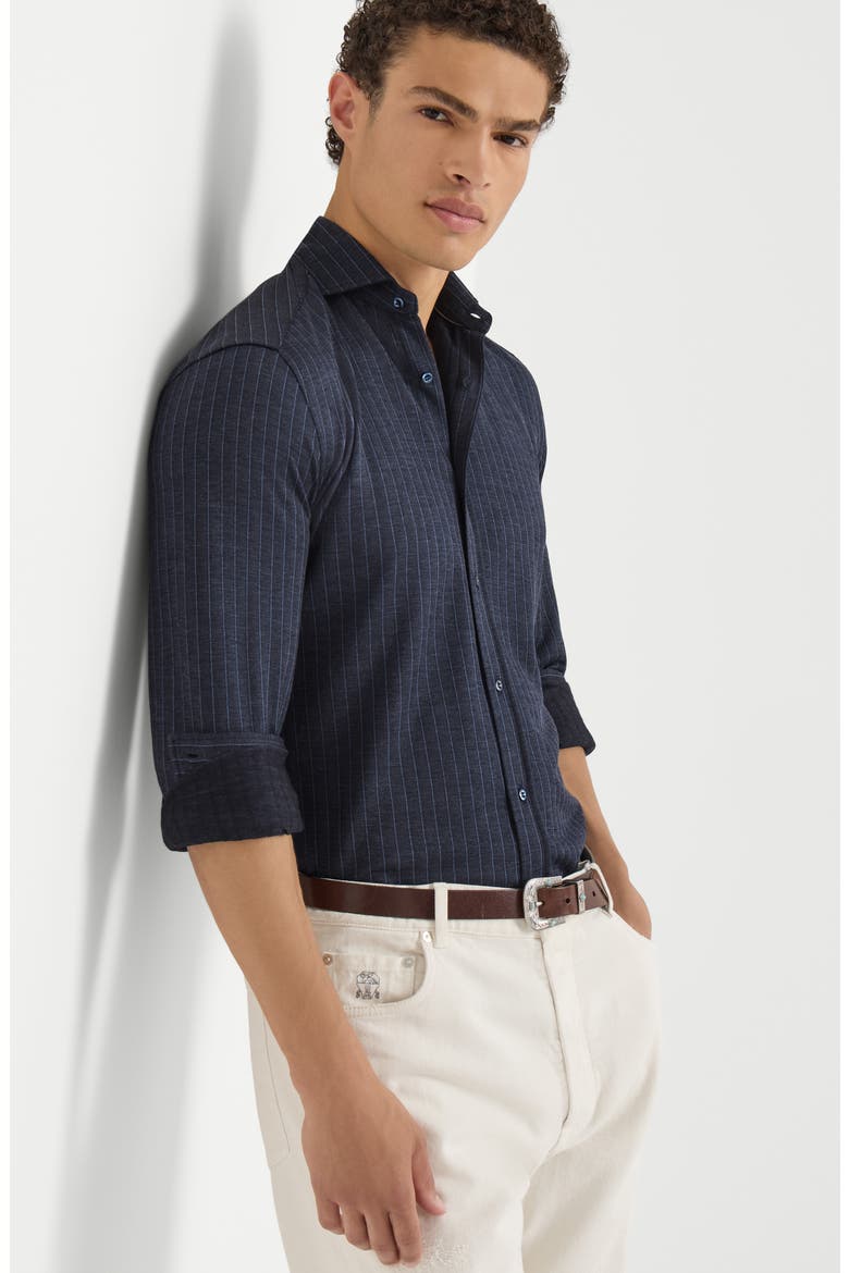 Virgin wool, silk and cotton chalk stripe piqué shirt with spead collar, Alternate, color, Blue