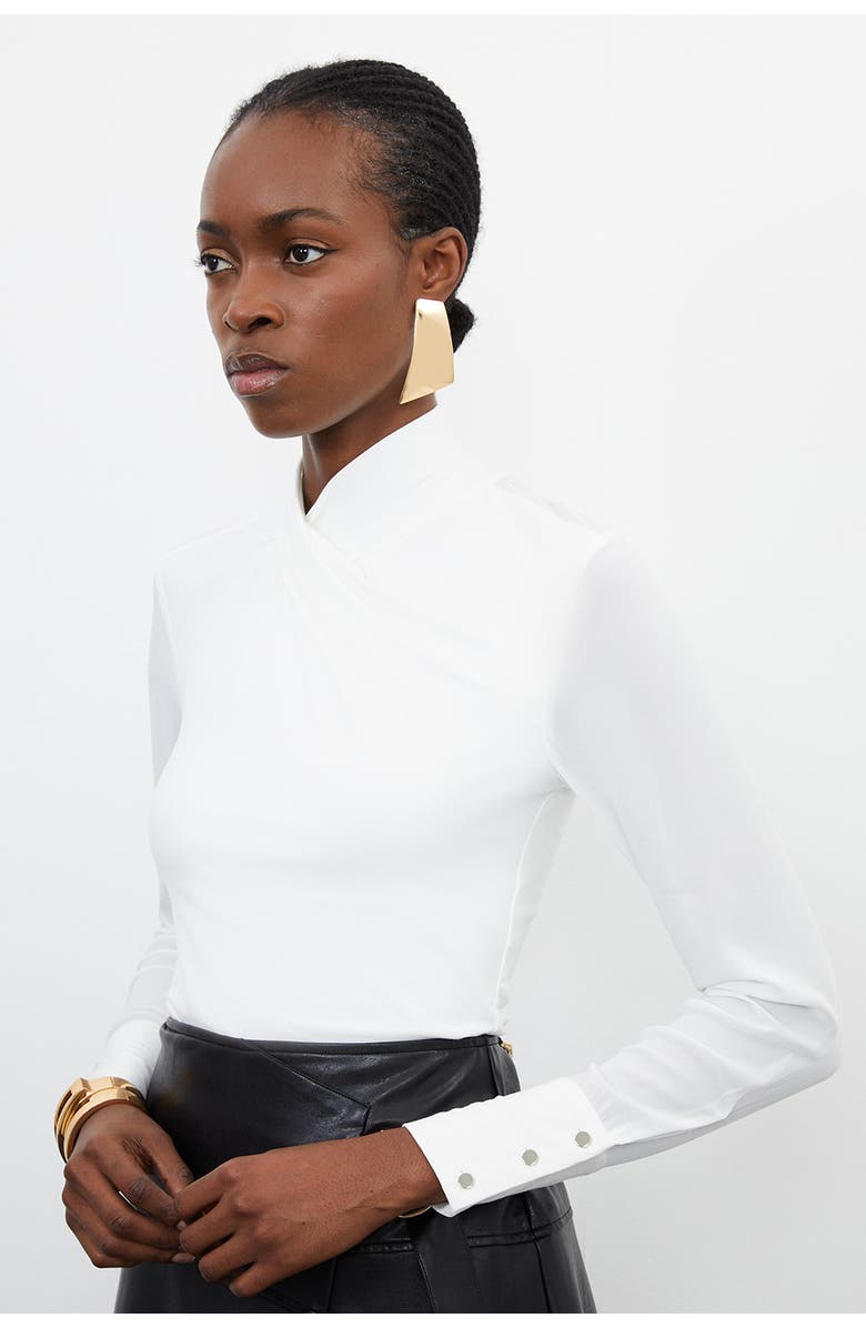 Karen Millen Jersey And Georgette Mix High Neck Top, Alternate, color, Ivory