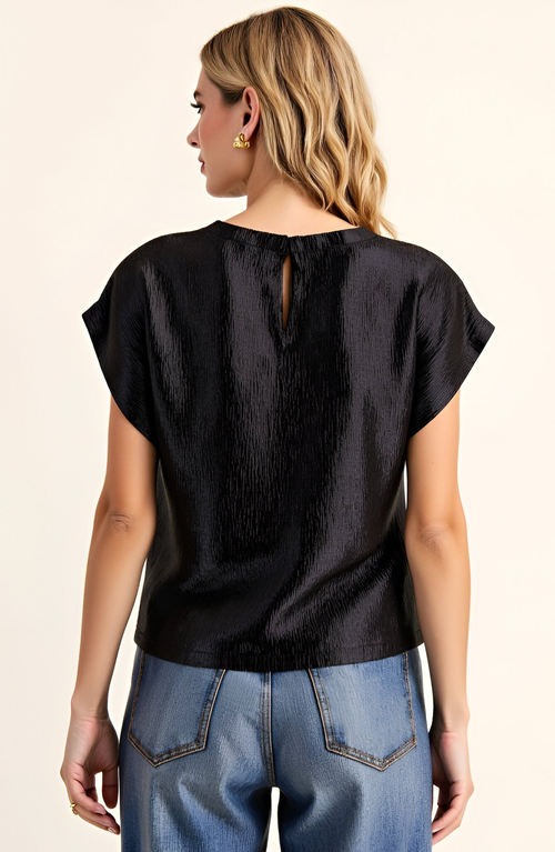 Modenaire Short Sleeve Textured Satin Blouse With Relaxed Fit And Keyhole Back In Black