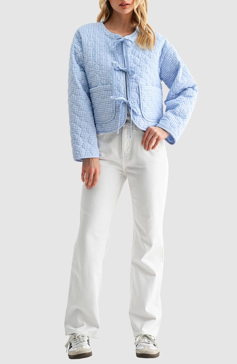 All in Favor Gingham Tie Front Quilted Jacket, Alternate, color, Light Blue Gingham