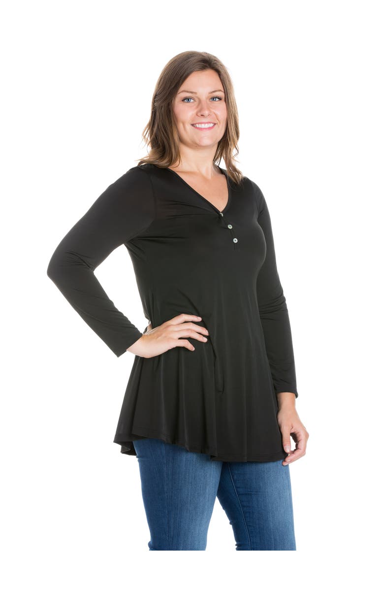 24seven Comfort Apparel Plus Size Flared Long Sleeve  Henley Tunic Top, Alternate, color, Black