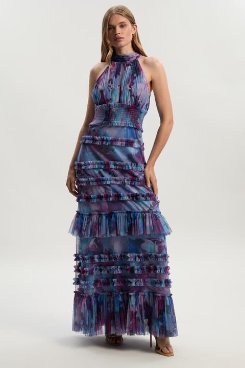 Tulle Layered Halter Neck Maxi Dress