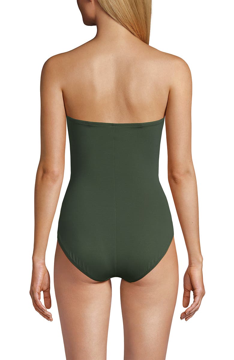Lands' End Slender Suit Shine Bandeau Tummy Control Chlorine Resistant High Leg One Piece Swimsuit, Alternate, color, Navy/Cloud Blue/Olive Green