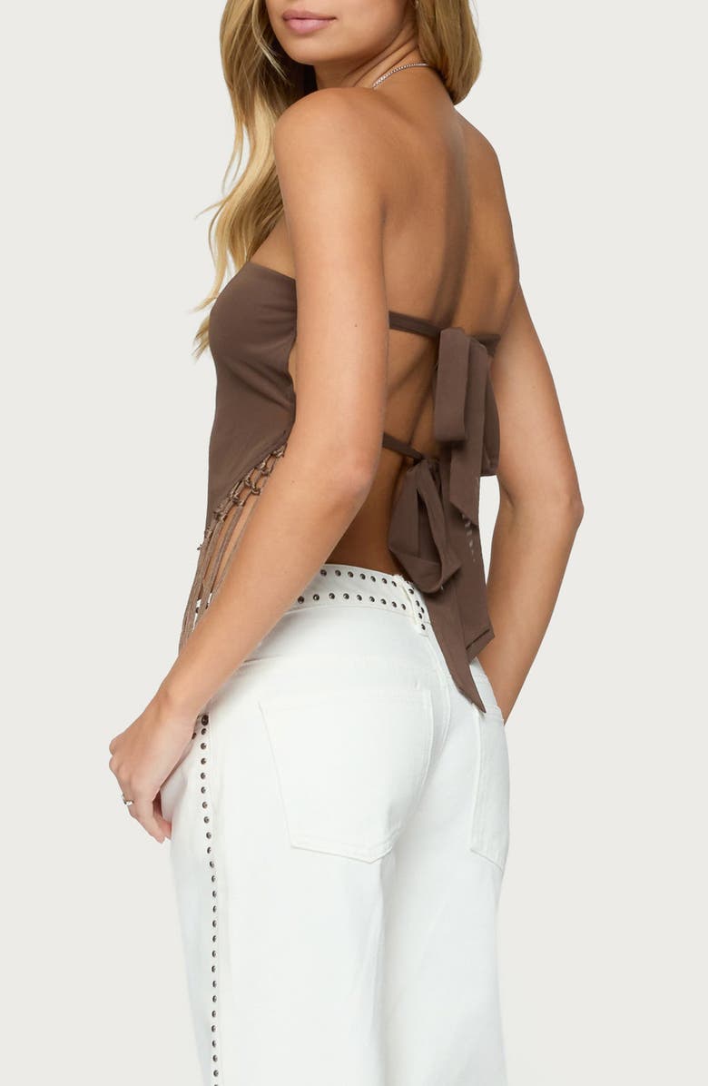 EDIKTED Fringe Hem Mesh Tube Top, Alternate, color, Brown