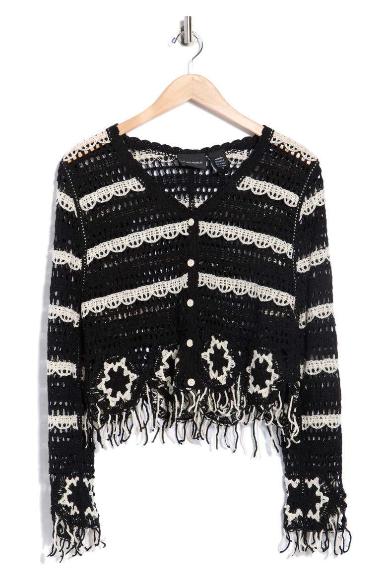 Floral Open Knit Button-Up Sweater, Alternate, color, BLACK/ NATURAL