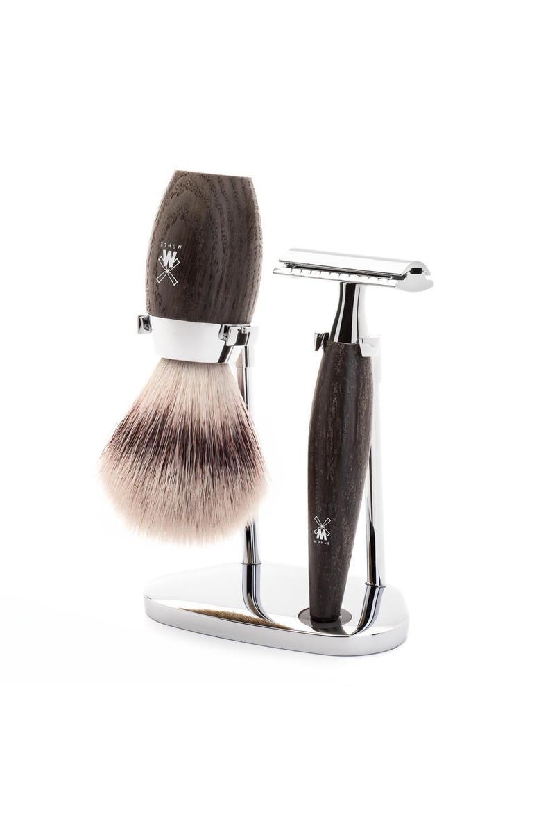 MÜHLE Kosmo Bog Oak 3-Piece Silvertip Fiber & Safety Razor Shaving Set, Main, color, Bog Oak