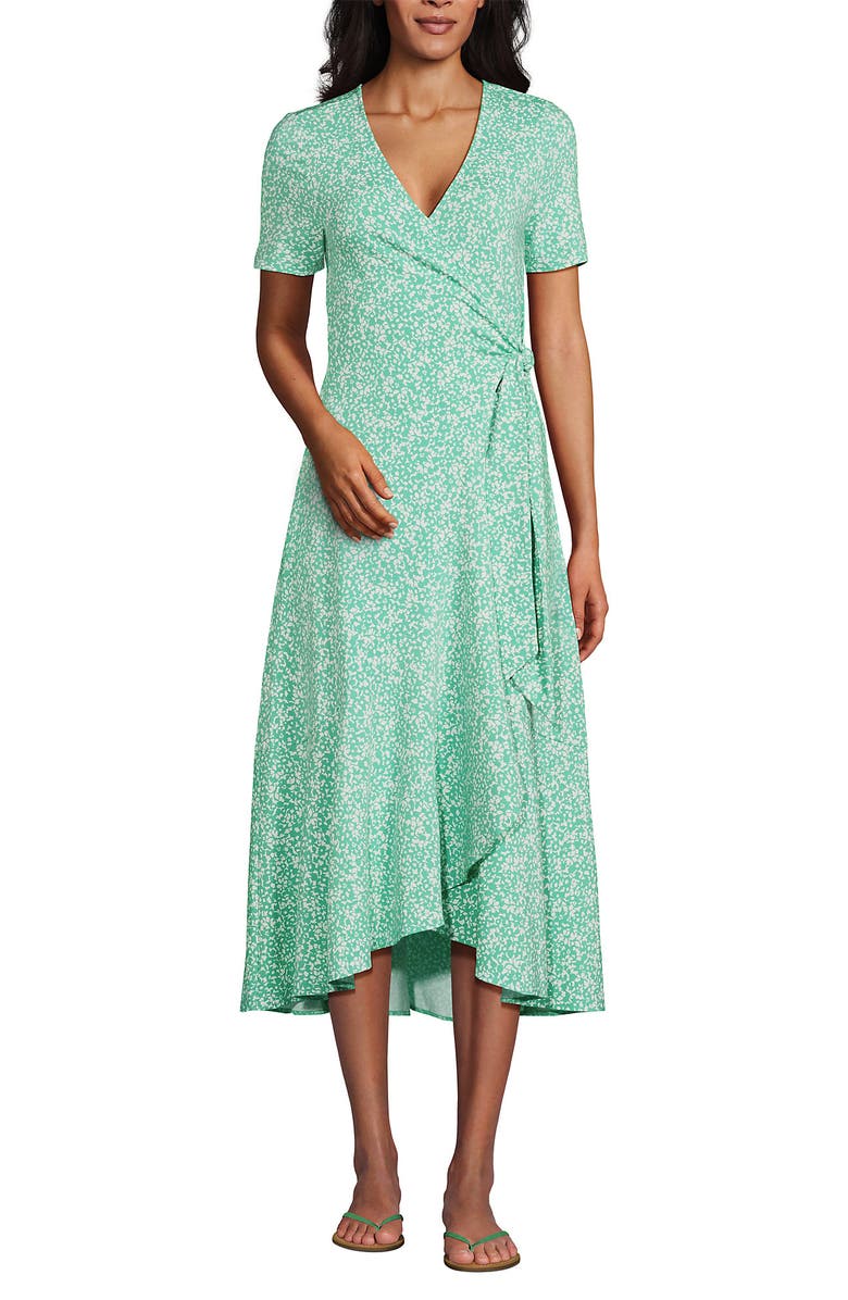Lands' End Cotton Modal Vneck Wrap Midi Dress, Main, color, Frosted Green Flower Patch