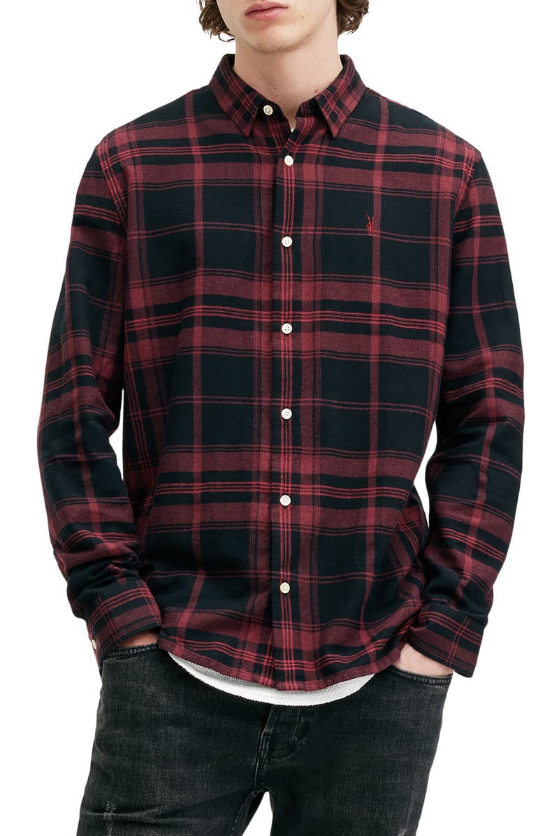 AllSaints Thorn Plaid Flannel Button-Up Shirt, Main, color,