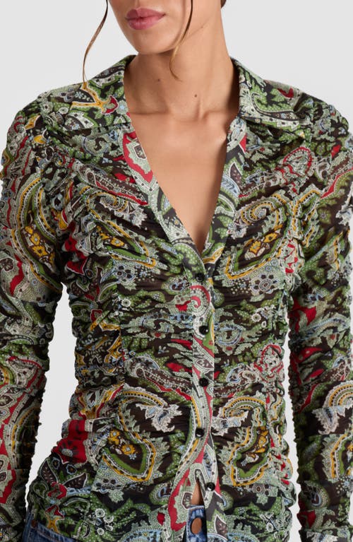 Alice And Olivia Portia Ruched Mesh Button Down Paisley Poem In Green