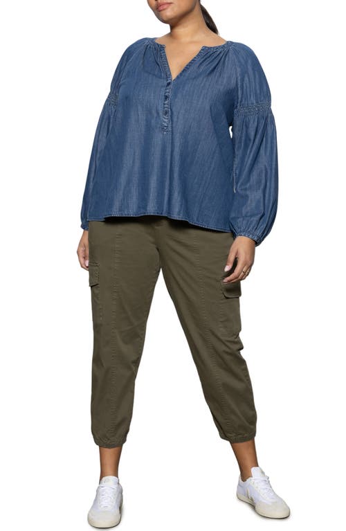 Sanctuary Sundays Best Smocked Sleeve Denim Top In Blue