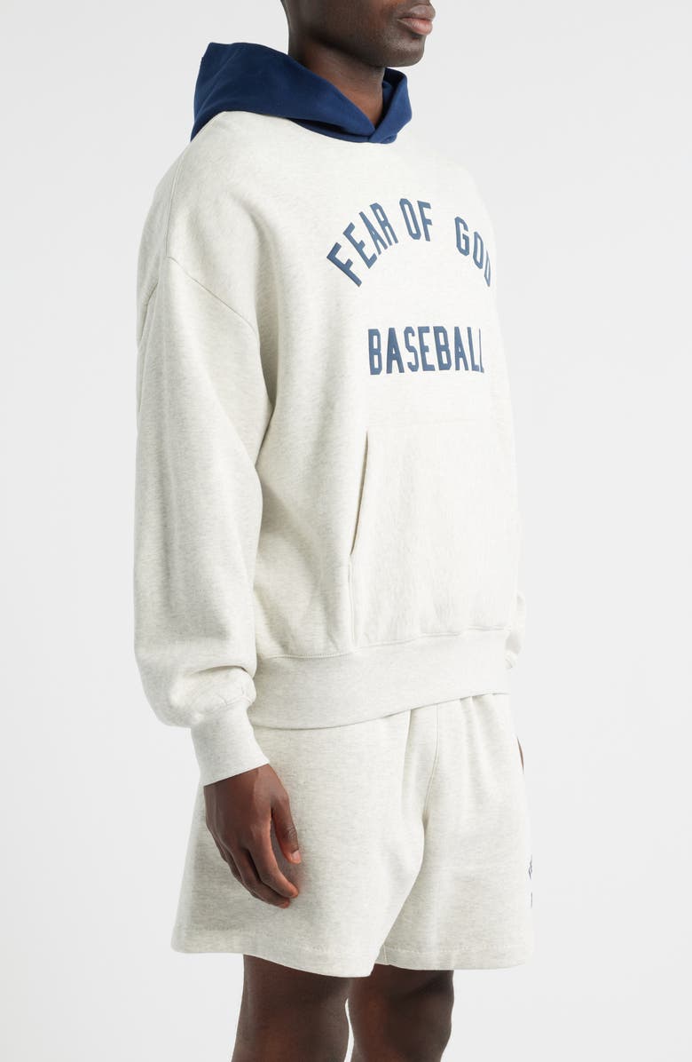Fear of God Essentials MLB Sport Colorblock Cotton Graphic Hoodie, Alternate, color, Light Heather/ Navy Blue