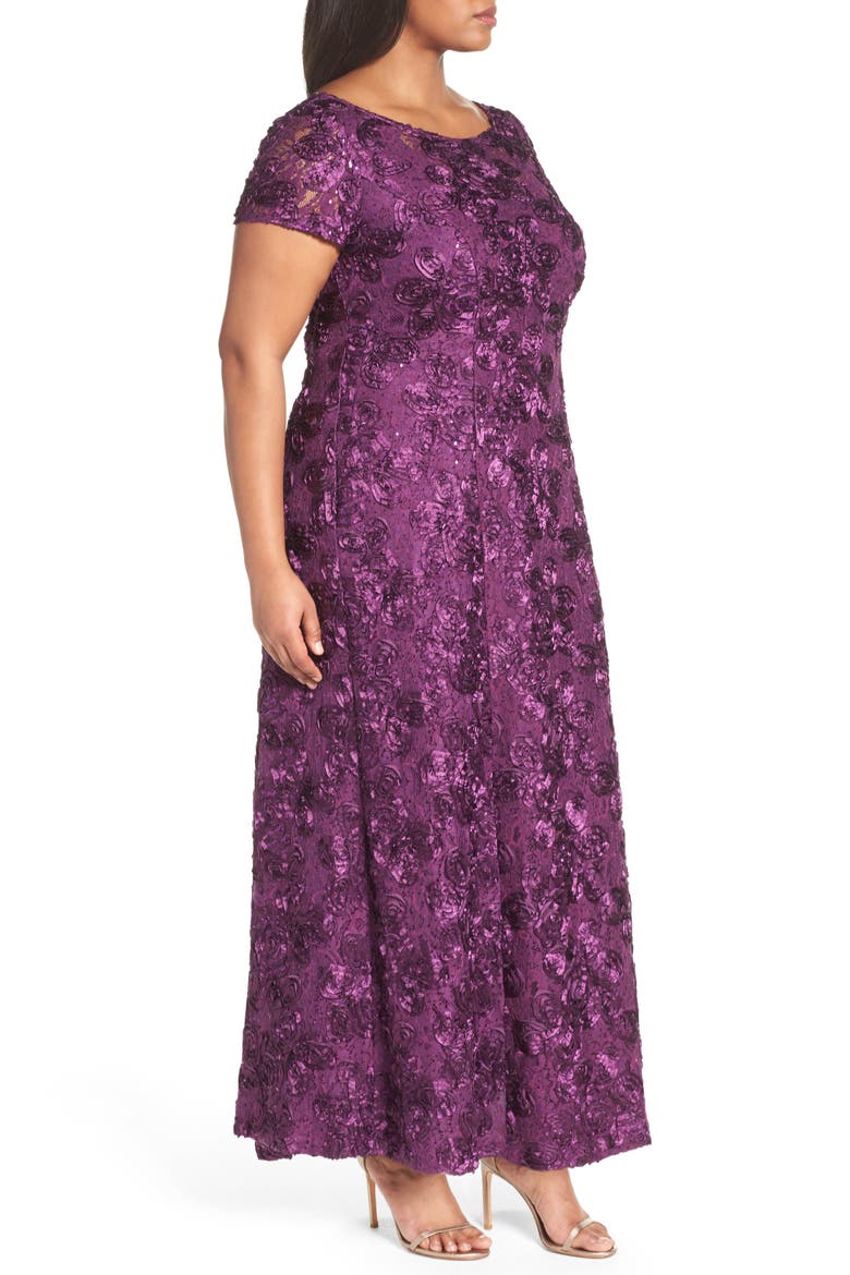 Rosette Lace Short Sleeve A-Line Gown, Alternate, color, EGGPLANT