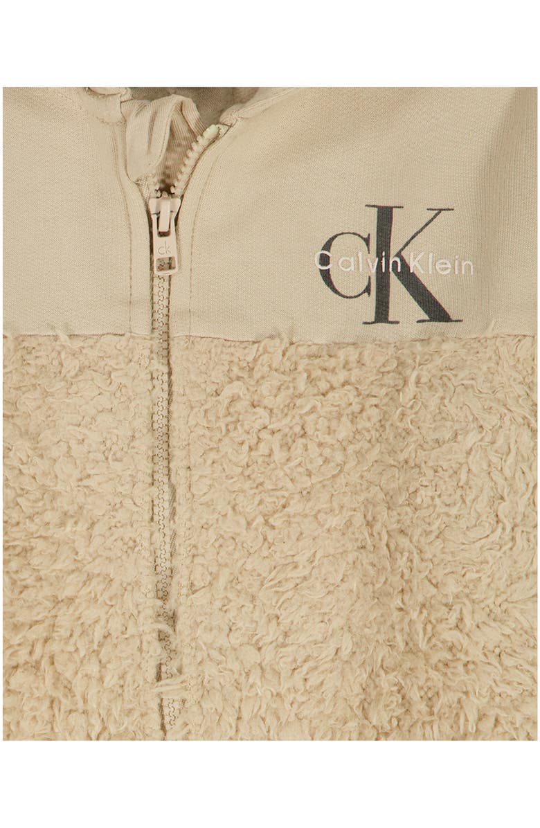 Calvin Klein Fleece Hooded Romper, Alternate, color, Taupe