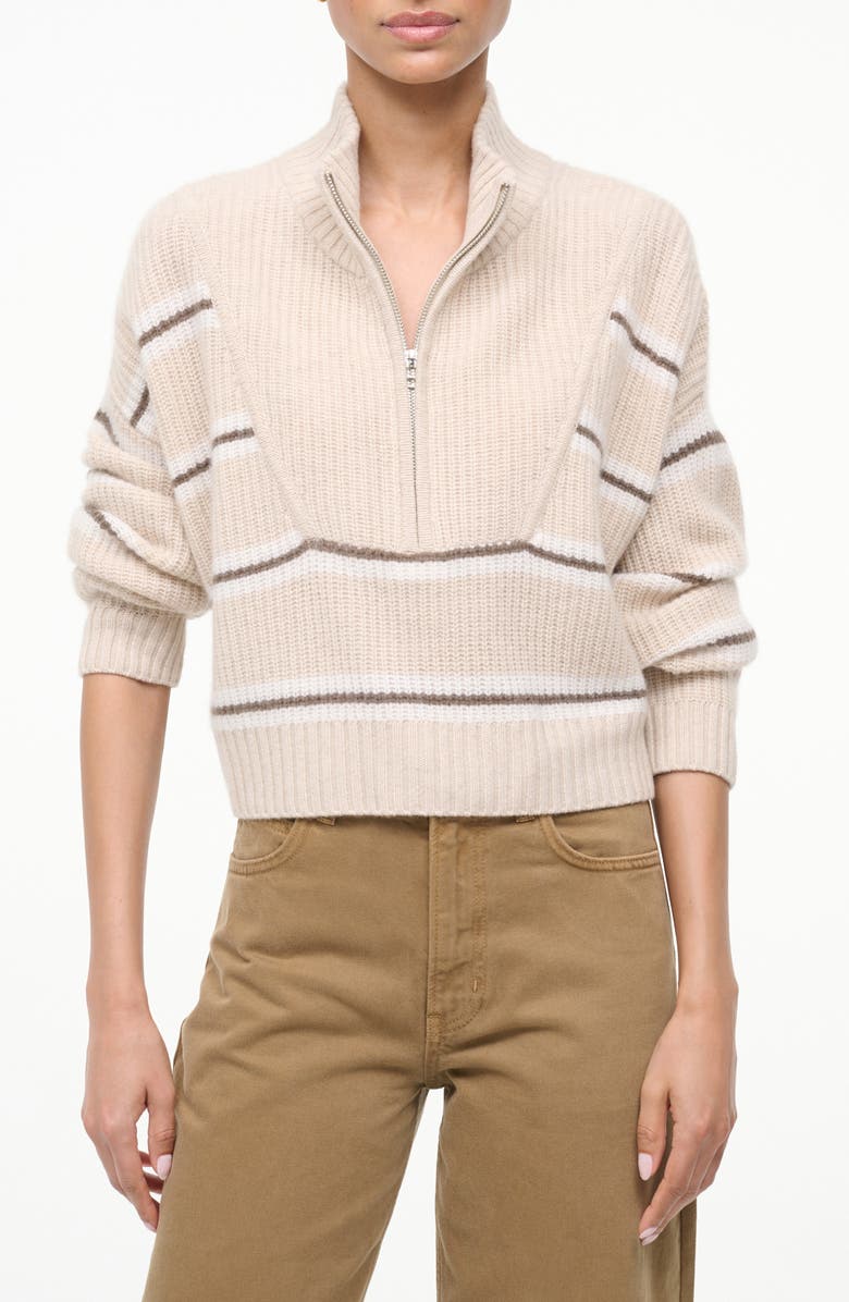 STAUD Hampton Crop Half Zip Cashmere Sweater, Main, color, Whisper Stripe
