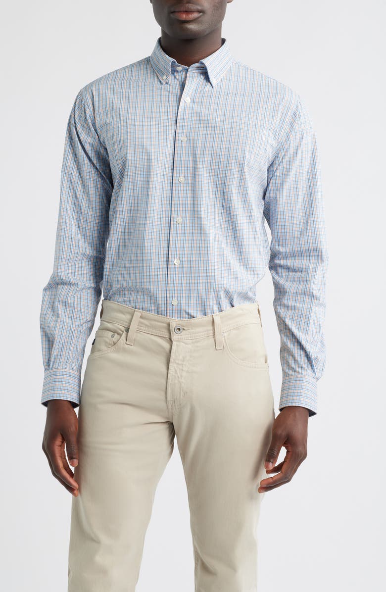 johnnie-O Cayden Shadow Check Performance Button-Down Shirt, Main, color, Maliblu
