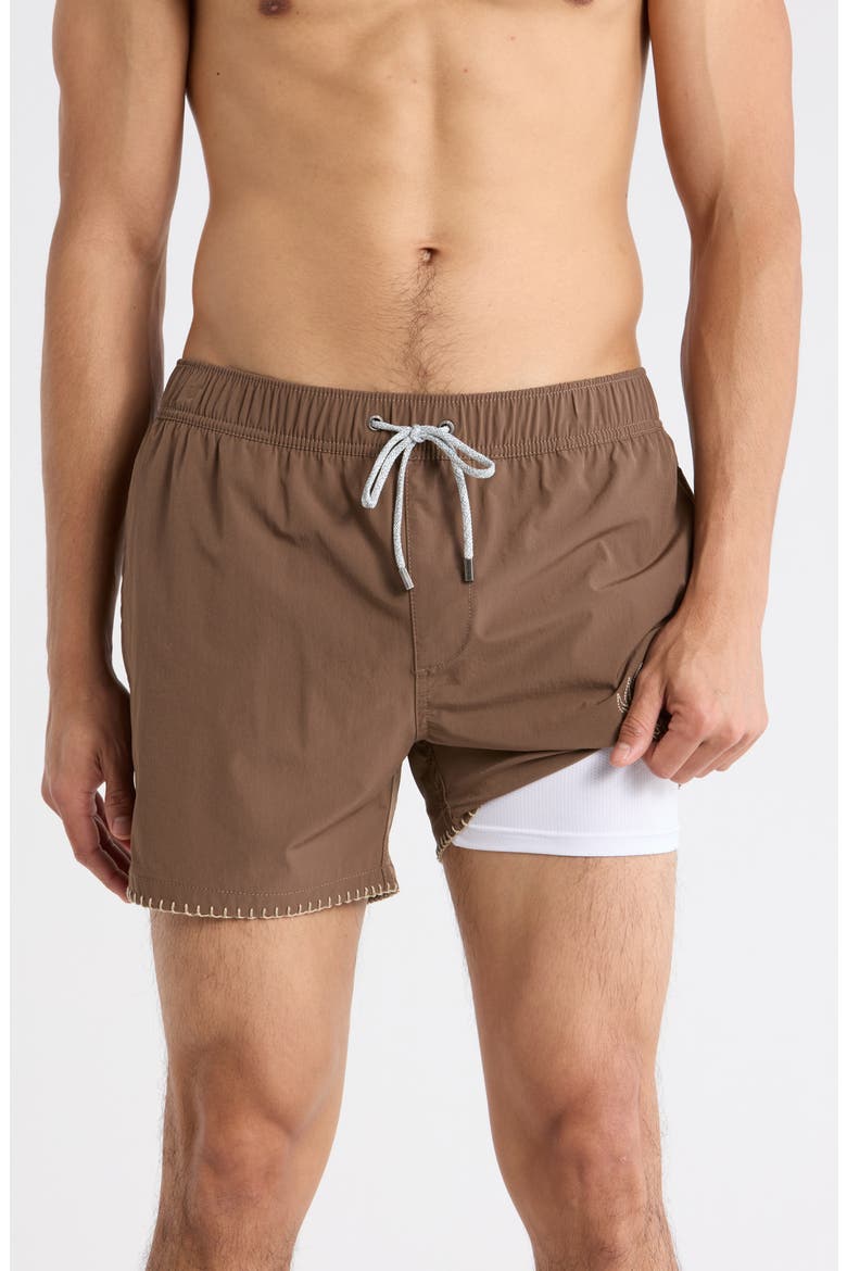 Embroidered Shortie Volley Swim Trunks, Alternate, color, COFFEE