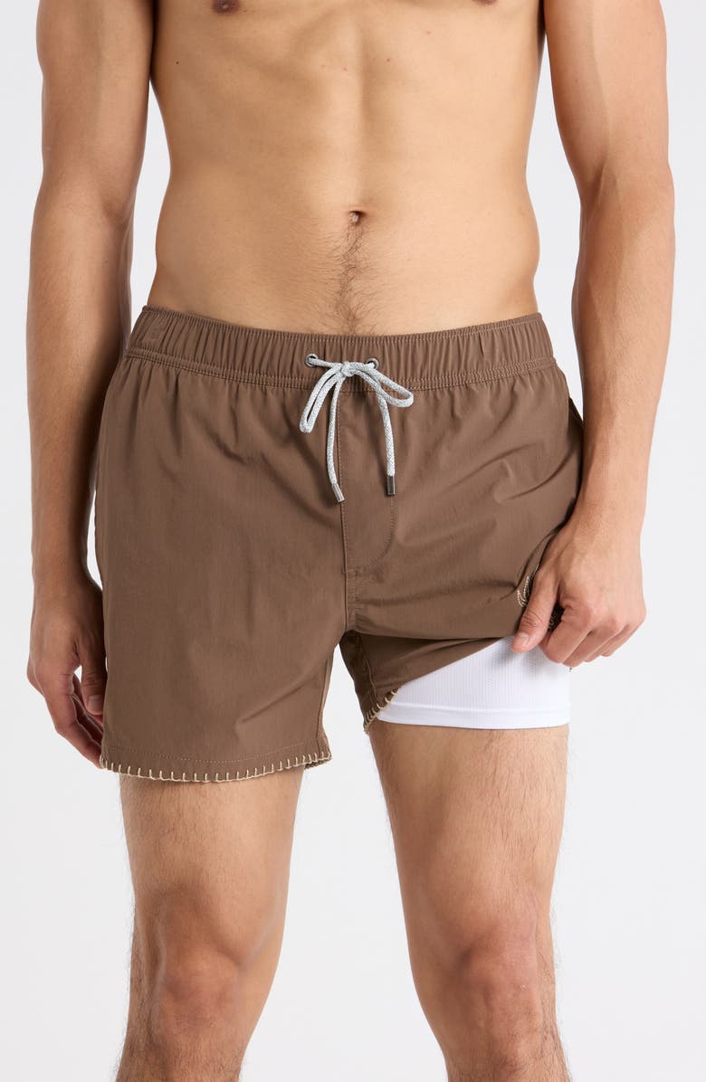 Vintage Summer Embroidered Shortie Volley Swim Trunks, Alternate, color, Coffee