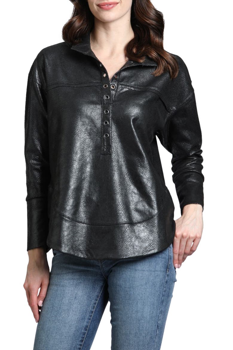 Faux Leather Henley Top, Main, color, BLACK