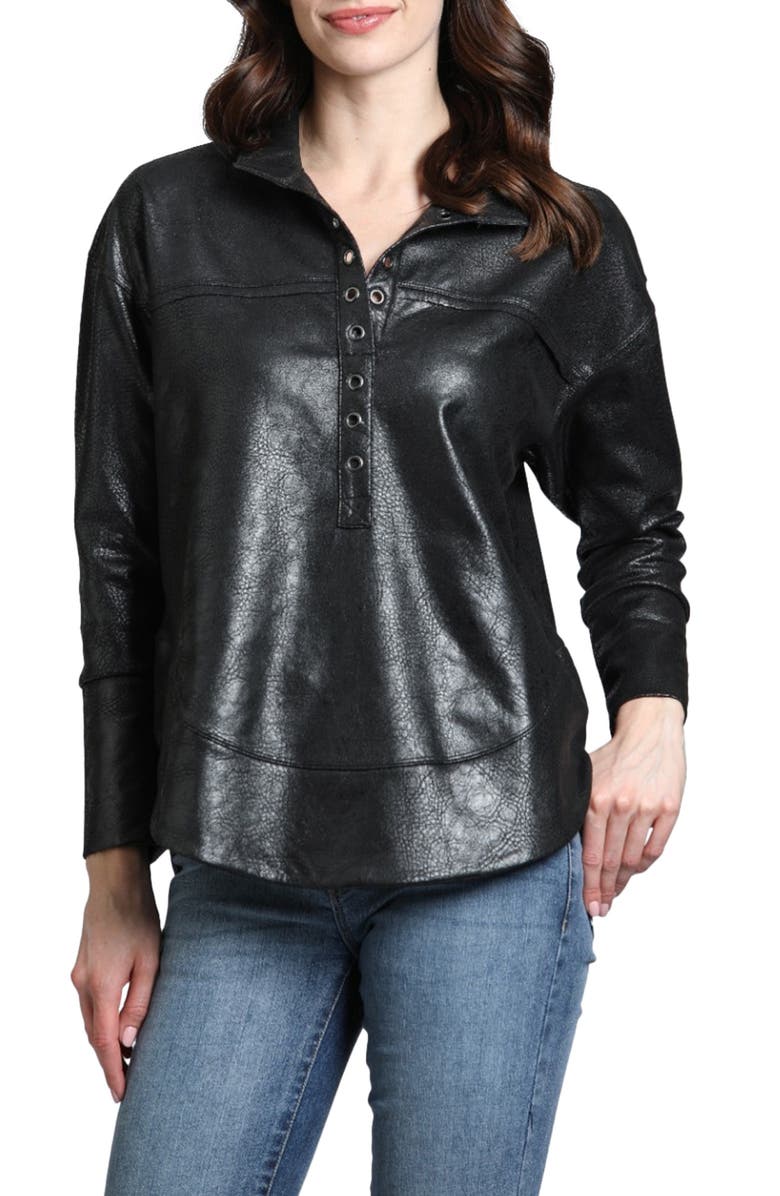 APNY Faux Leather Henley Top, Main, color, Black