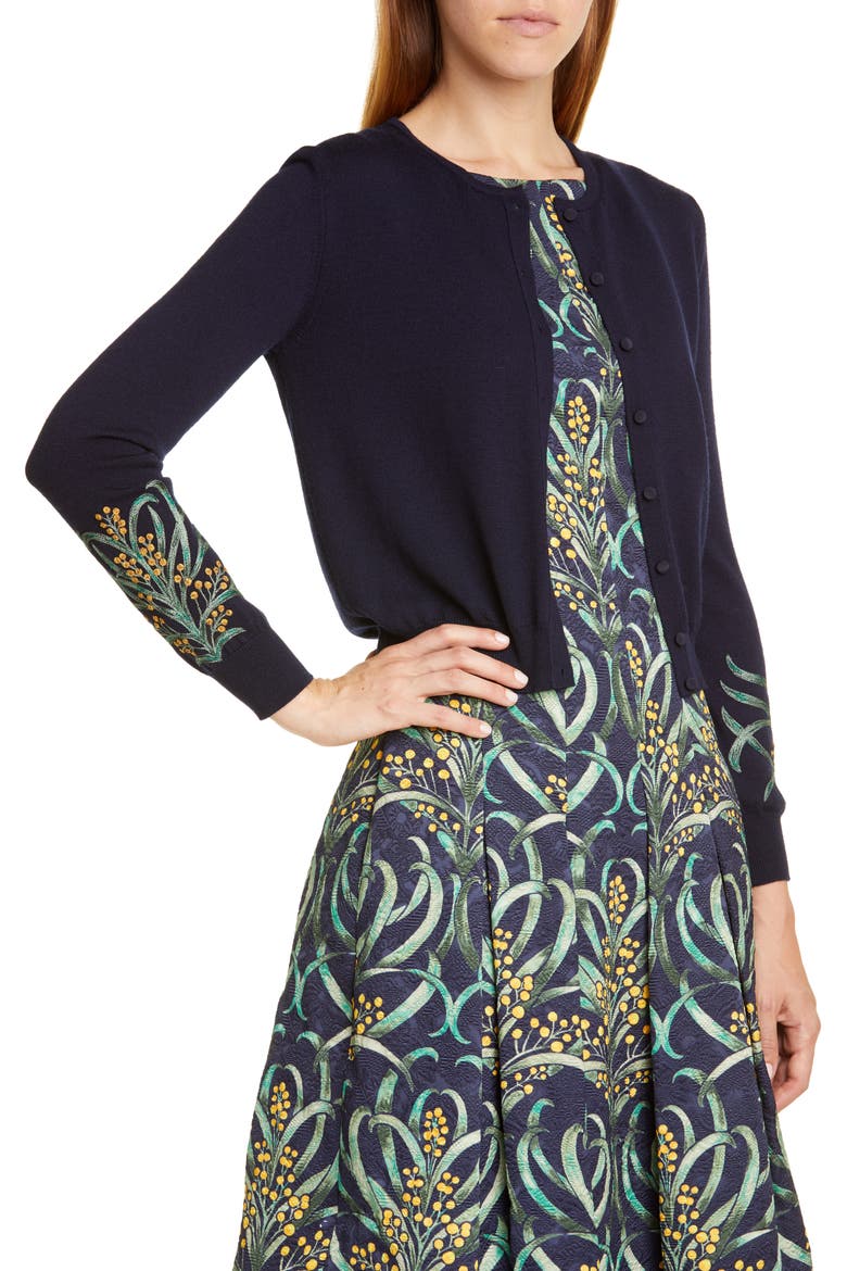 Mimosa Stems Embroidered Wool Cardigan, Alternate, color, NAVY