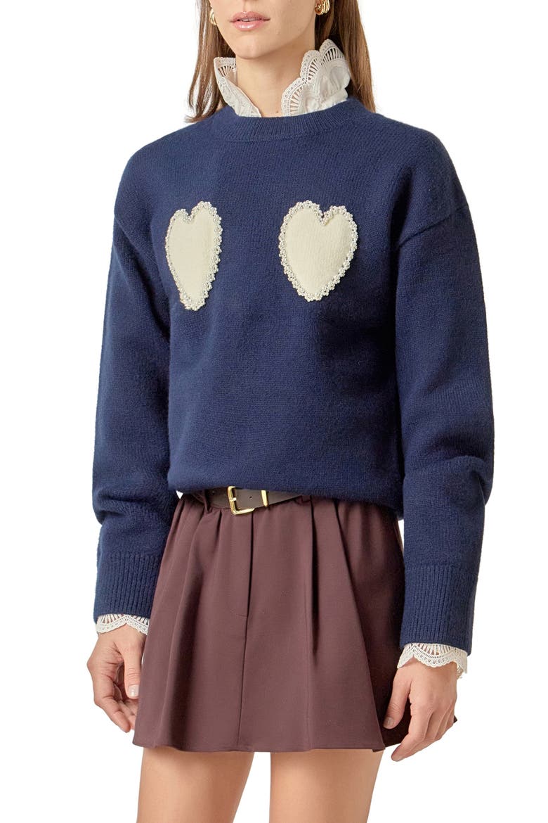 Faux Pearl Heart Crewneck Sweater, Alternate, color, NAVY