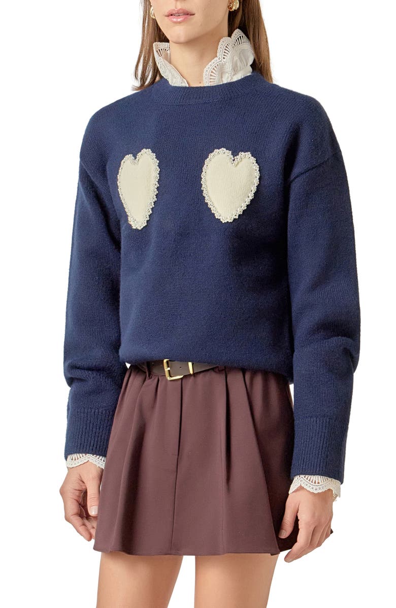 English Factory Faux Pearl Heart Crewneck Sweater, Alternate, color, Navy