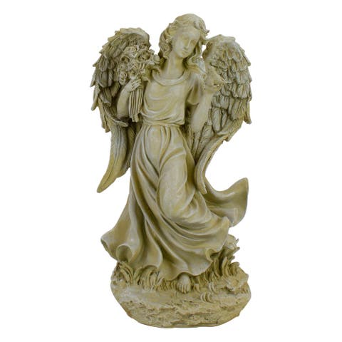 Angel with Bird and Bouquet Outdoor Garden Statue - 17.5"