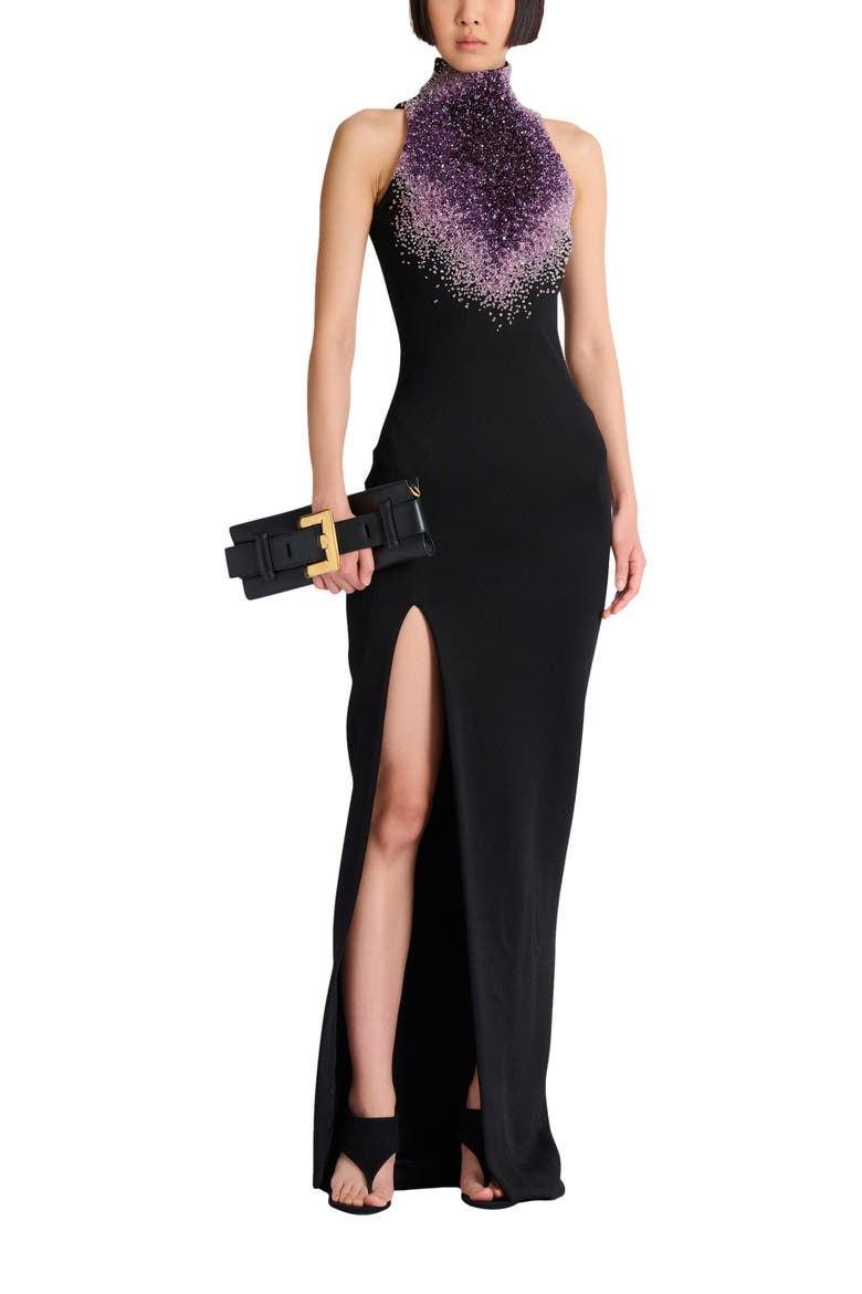 Milano jersey halterneck dress with "Amethyst" embroidery, Alternate, color, black