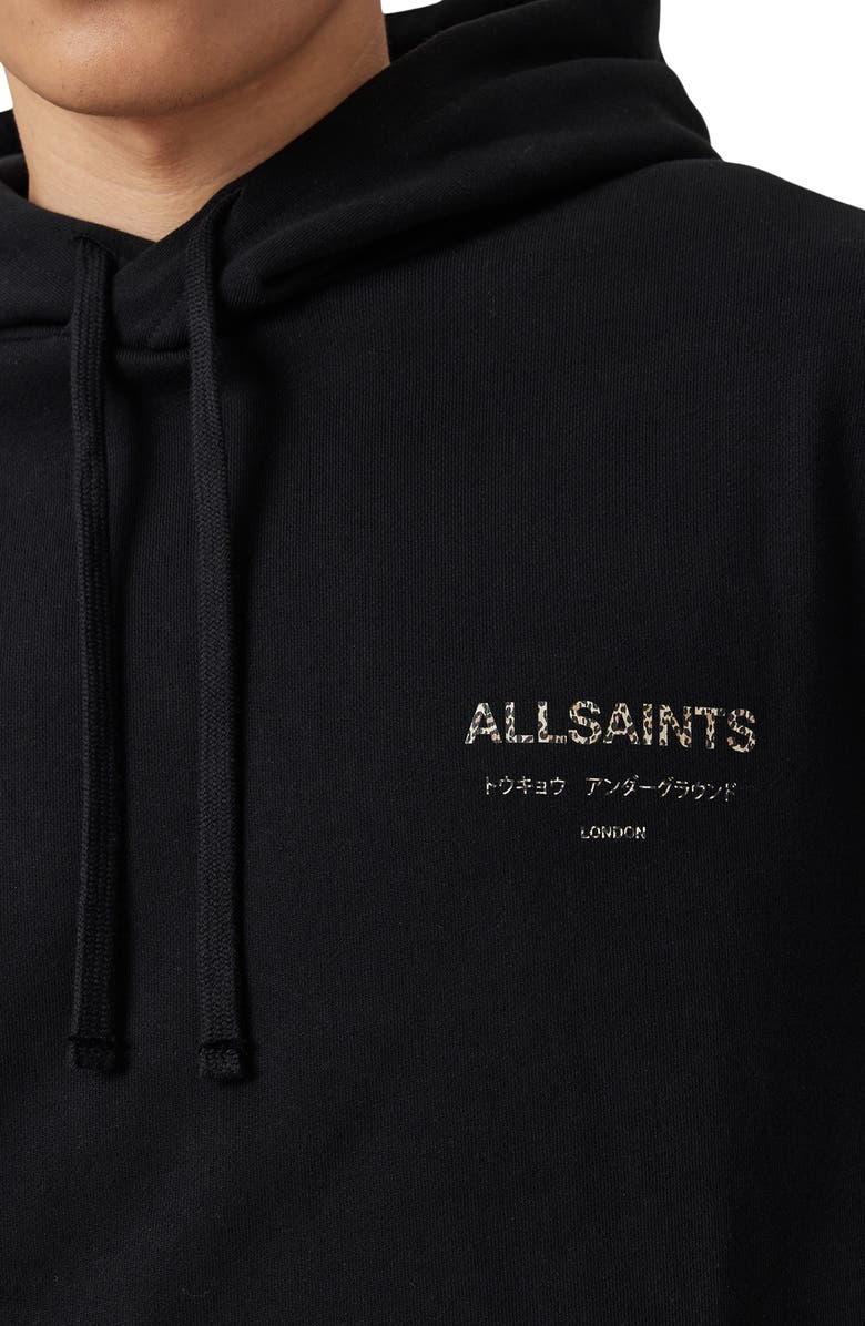 AllSaints Underground Logo Graphic Hoodie, Alternate, color, Jet Black/ Dark Leopard