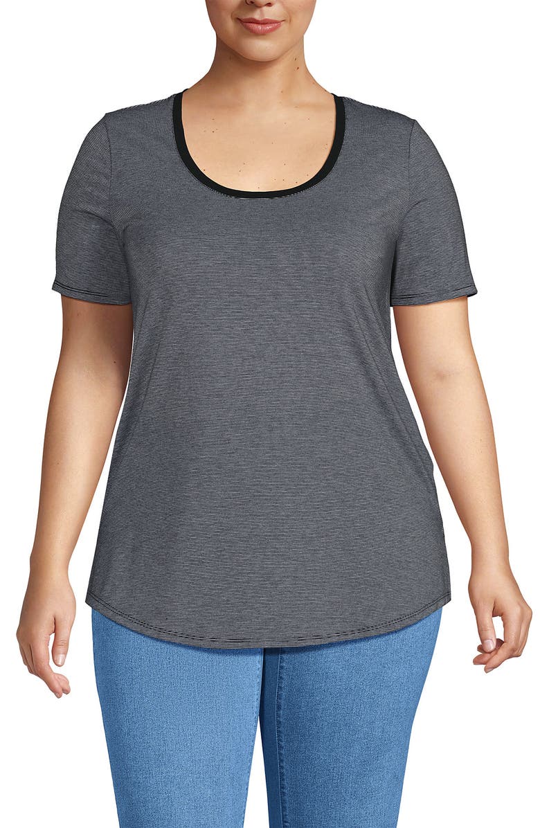 Lands' End Short Sleeve Power Performance Scoop Neck Curved Hem Tunic Tee, Alternate, color, Black Pinstripe