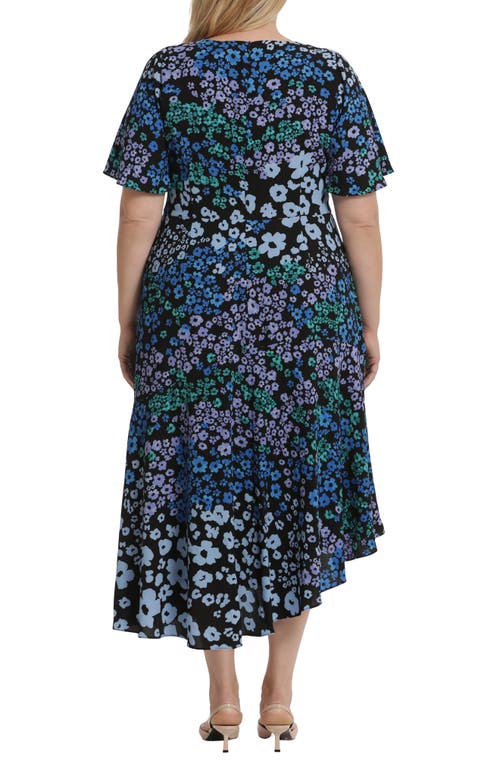 Maggy London Print Flutter Sleeve Asymmetric Midi Dress In Black/blue