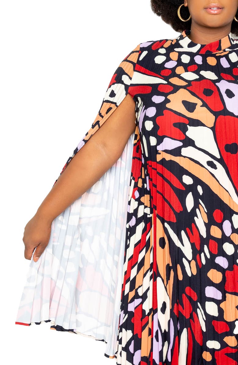 BUXOM COUTURE Butterfly Print Pleated Cape Minidress, Alternate, color,