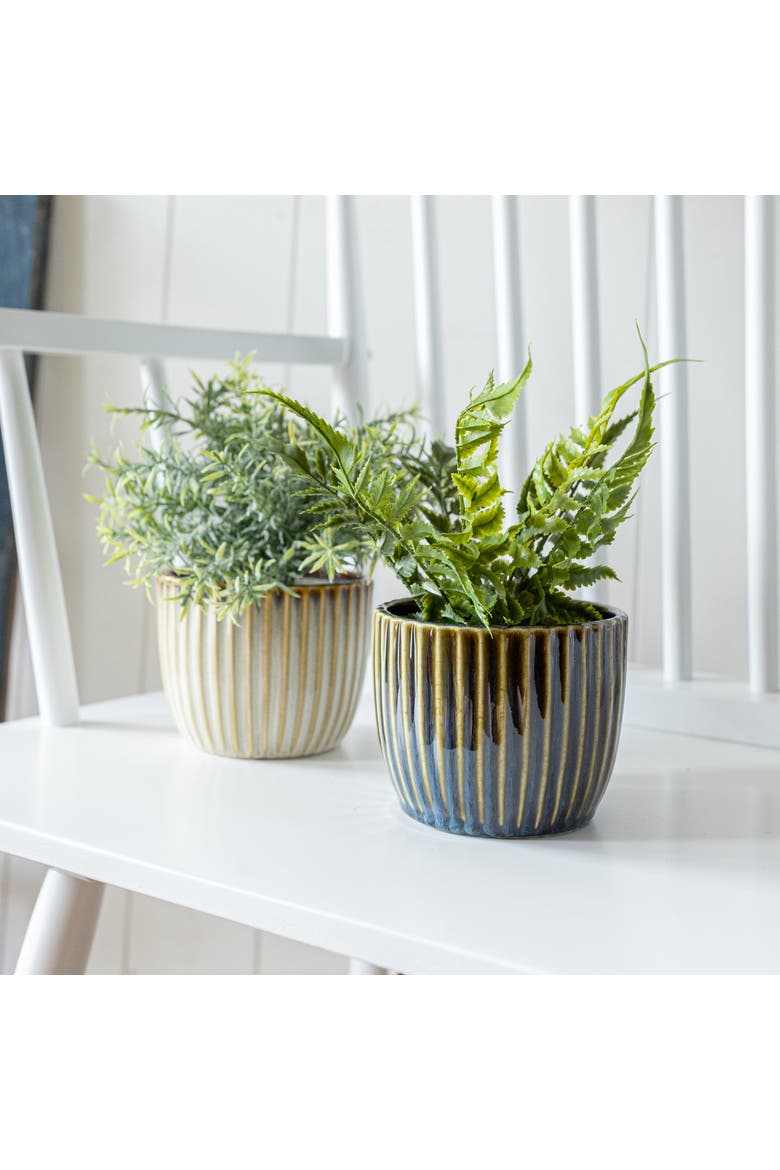 Set of 2 Ribbed Planters Navy & Cream Porcelain, Alternate, color, Beige