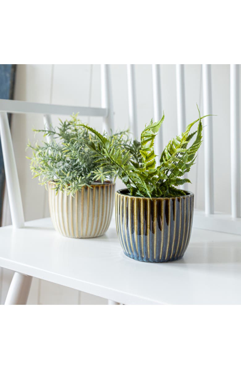 Foreside Home and Garden Set of 2 Ribbed Planters Navy & Cream Porcelain, Alternate, color, Beige