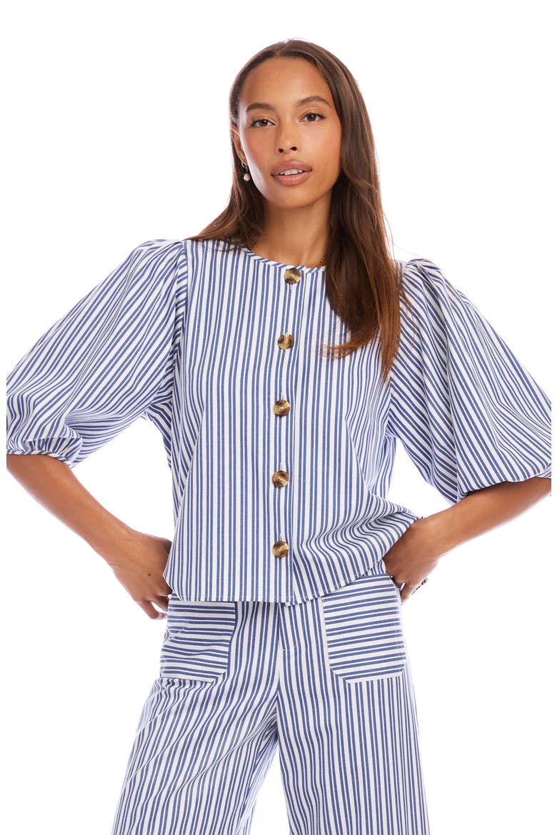 Puff Sleeve Button-Up Shirt, Alternate, color, BLUE/WHITE