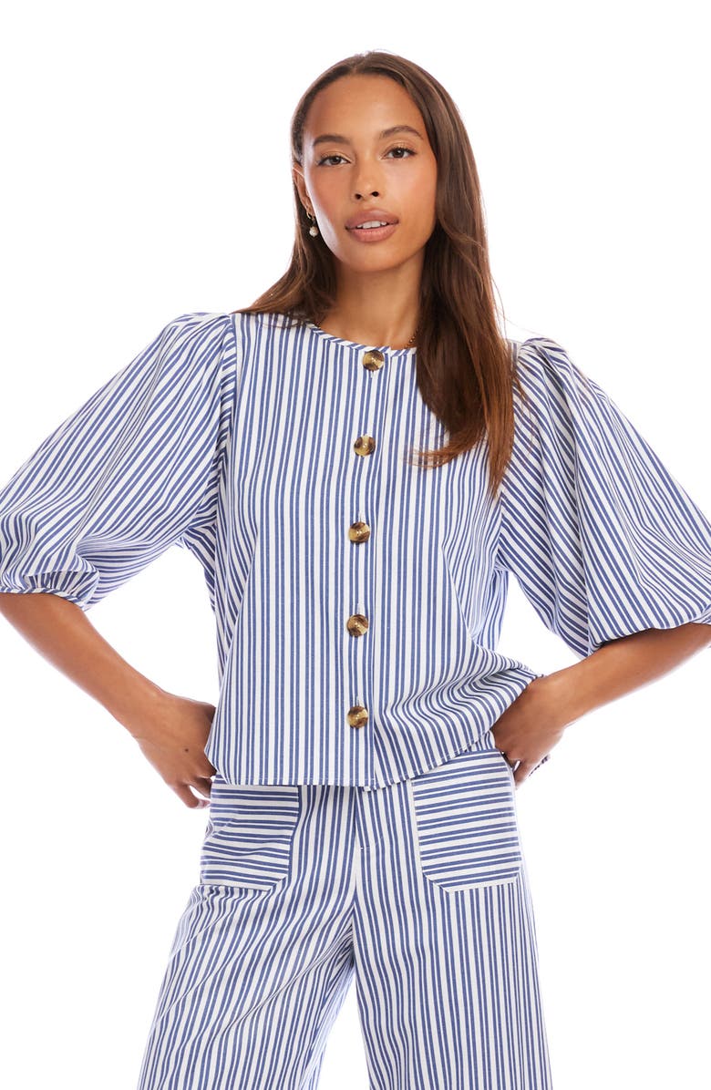Karen Kane Puff Sleeve Button-Up Shirt, Alternate, color, Blue/White