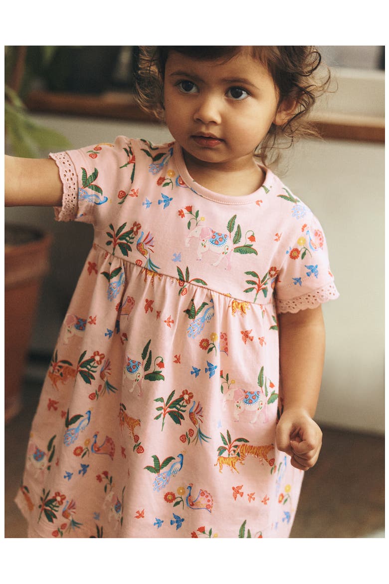 Eyelet Trim Cotton Jersey Dress & Bloomers Set, Alternate, color, PINK TROPICAL ANIMALS