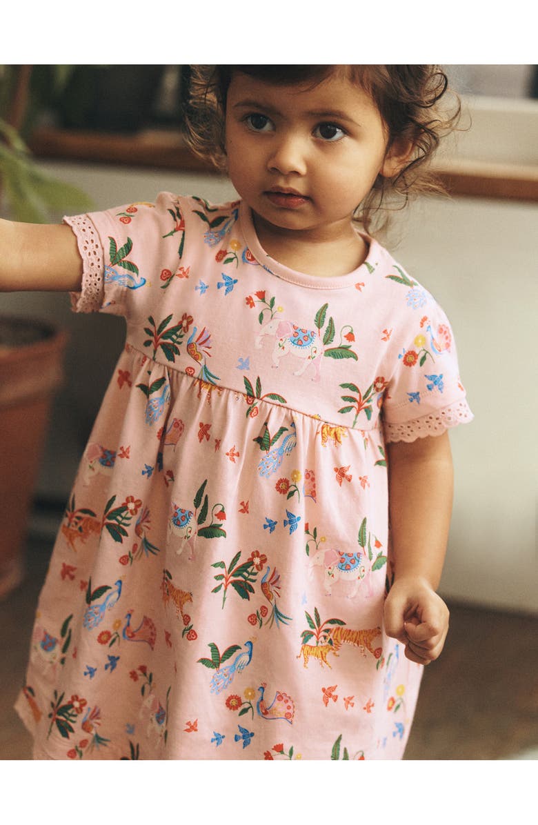 Mini Boden Eyelet Trim Cotton Jersey Dress & Bloomers Set, Alternate, color, Pink Tropical Animals