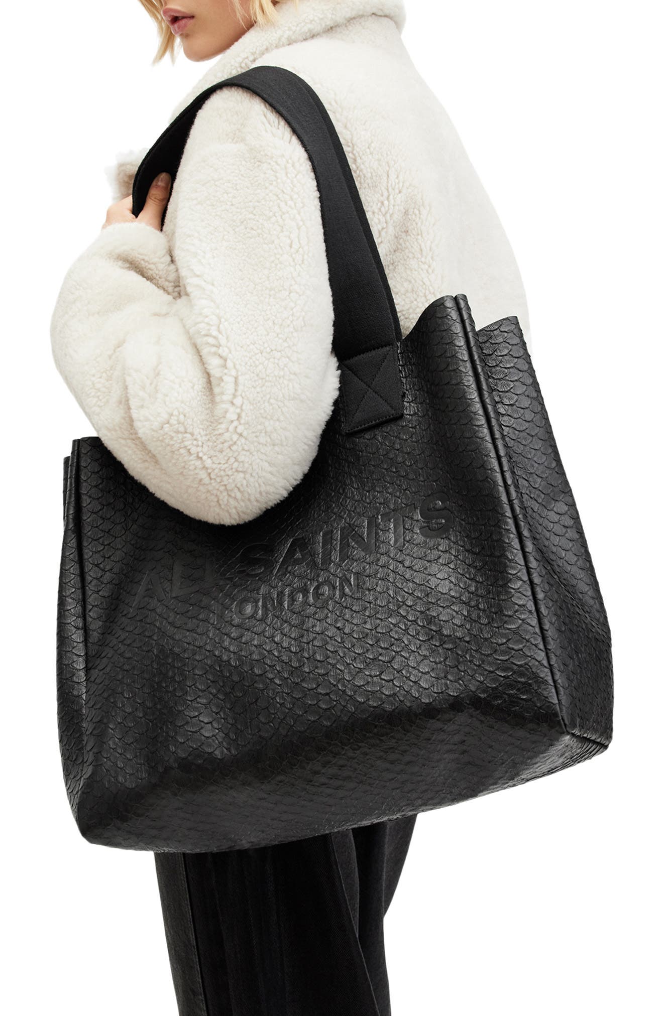 AllSaints Izzy Snakeskin Embossed Leather Tote, Alternate, color, 