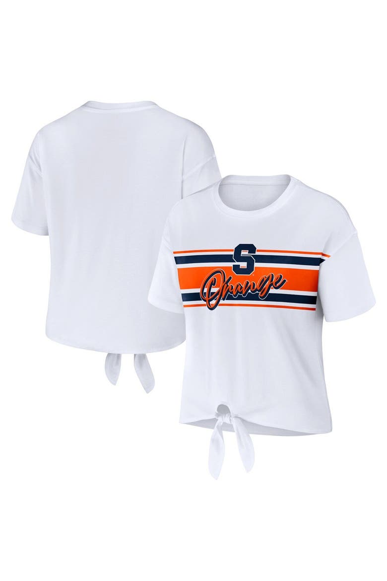 Women's WEAR by Erin Andrews White Syracuse Orange Striped Front Knot Cropped T-Shirt, Main, color, White
