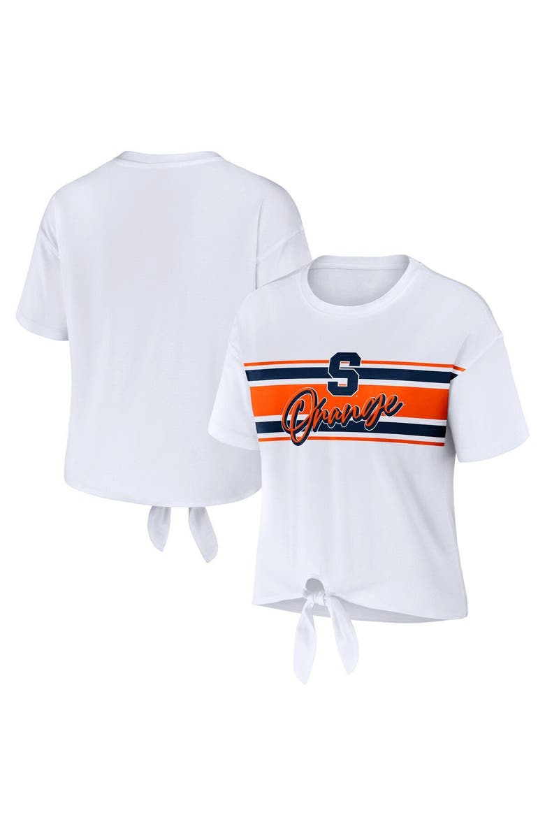 WEAR by Erin Andrews Women's WEAR by Erin Andrews White Syracuse Orange Striped Front Knot Cropped T-Shirt, Main, color, White