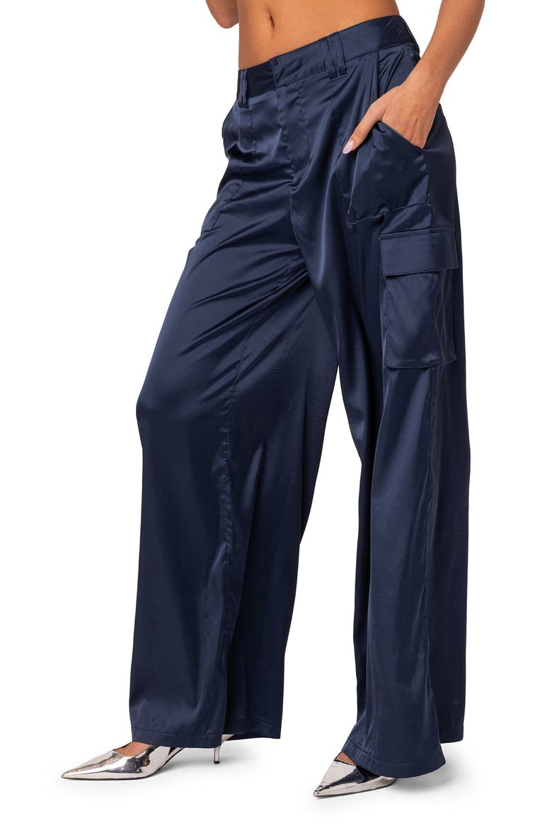 Kelsey Baggy Satin Cargo Pants, Alternate, color, NAVY