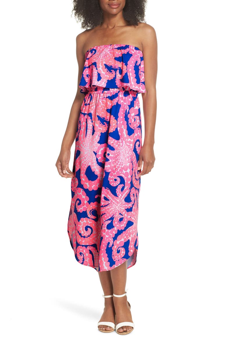Meridian Strapless Midi Dress, Main, color, IKAT BLUE MOCEAN