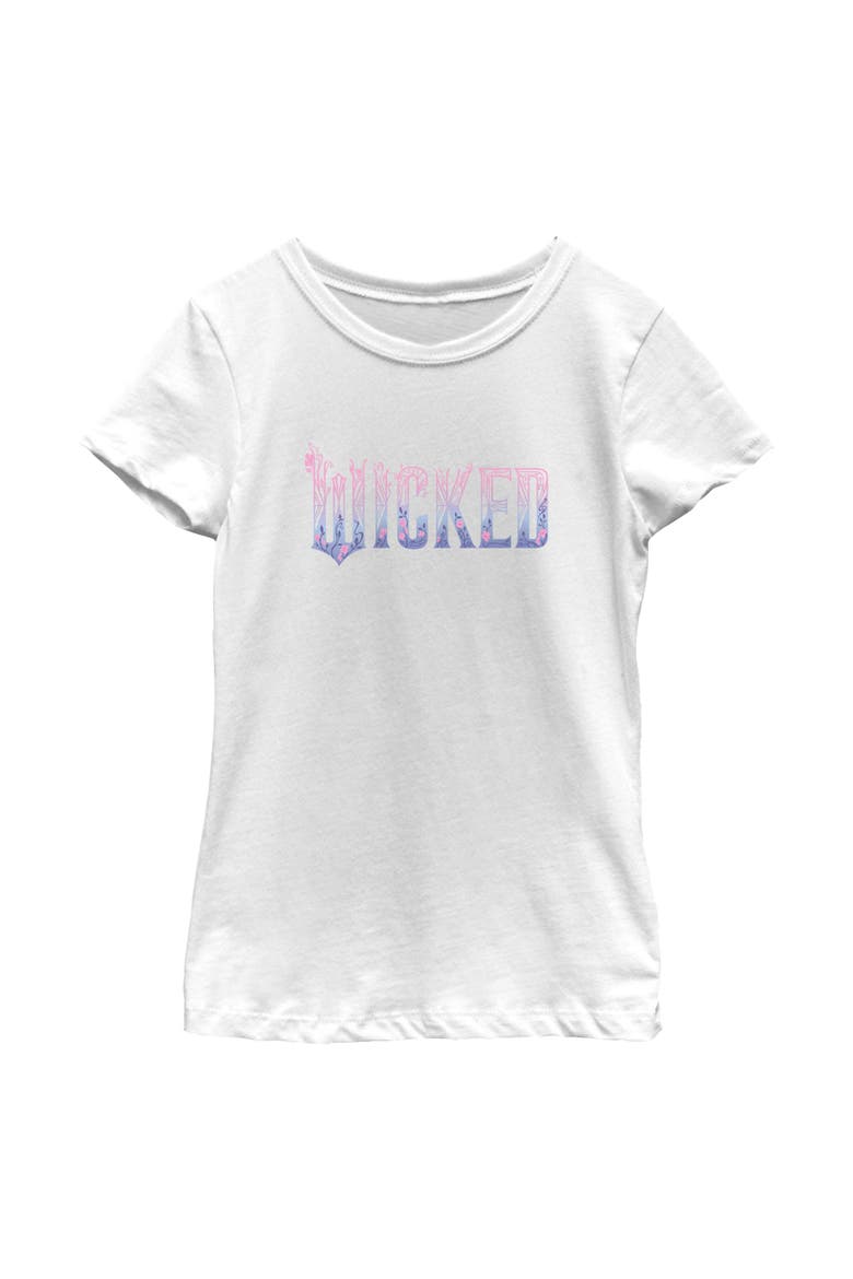 Girl's Wicked For Good Floral Pink and Purple Logo  Graphic T-Shirt, Main, color, White