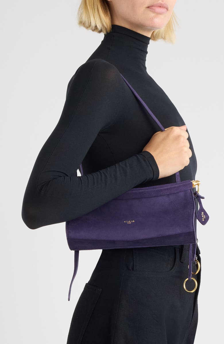 Alaïa Small Le Click East/West Suede Shoulder Bag, Alternate, color, Aubergine