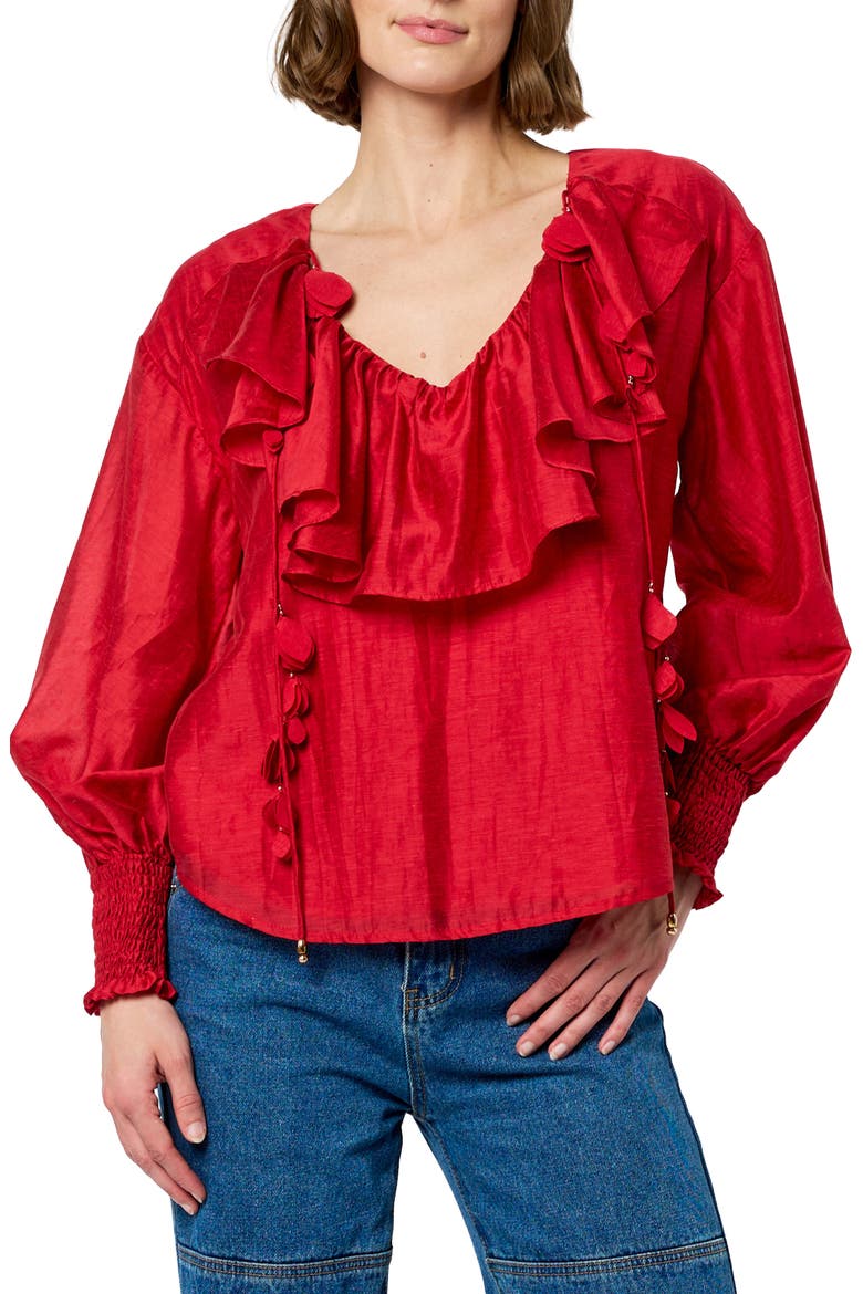 Saruma Satin Ruffle Collar Blouse, Main, color, RED