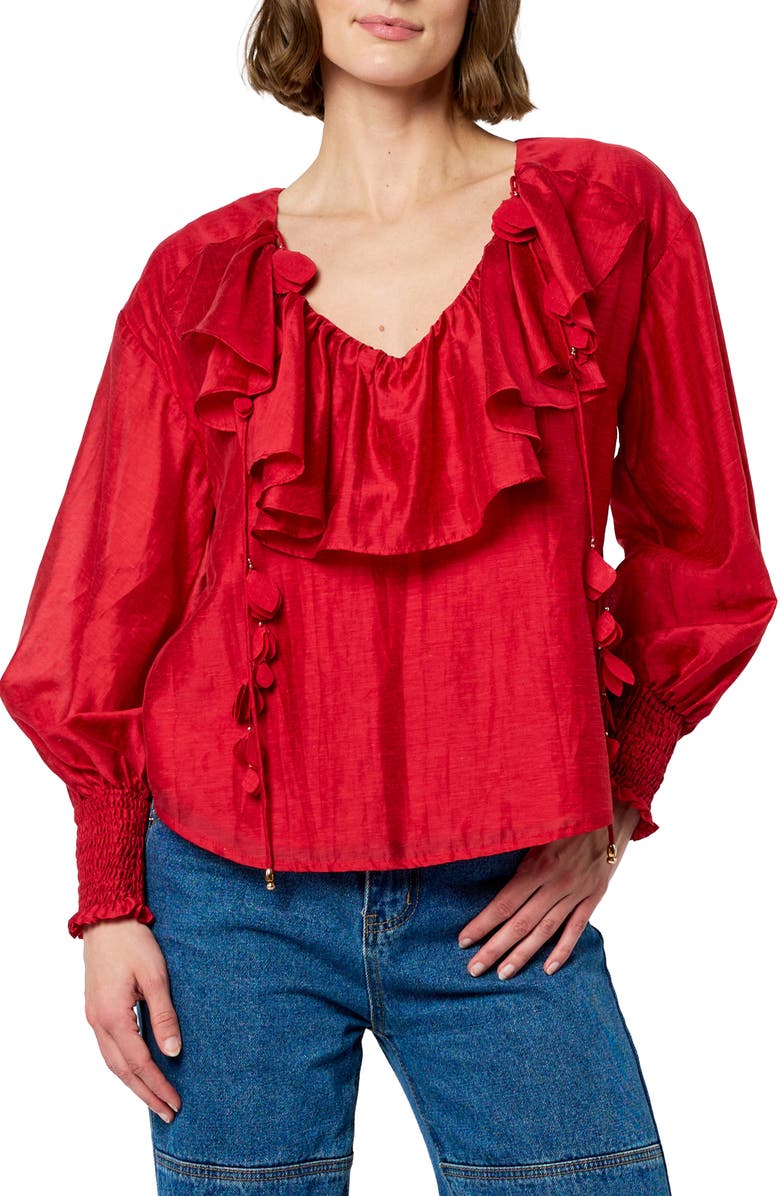CIEBON Saruma Satin Ruffle Collar Blouse, Main, color, Red
