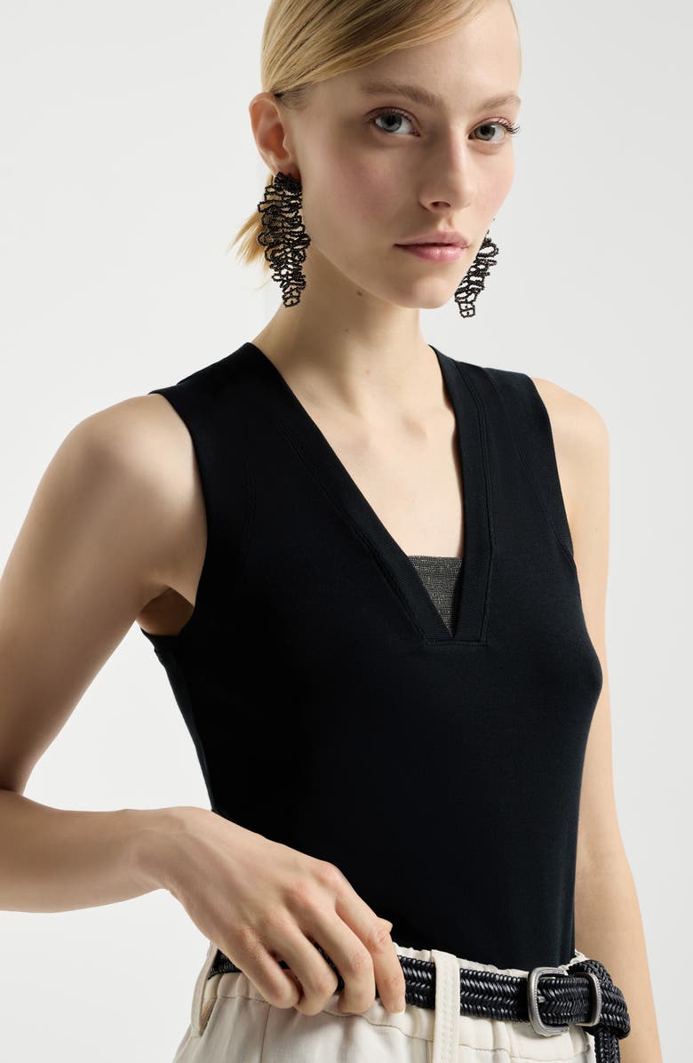 Brunello Cucinelli Ribbed jersey top, Alternate, color, Black